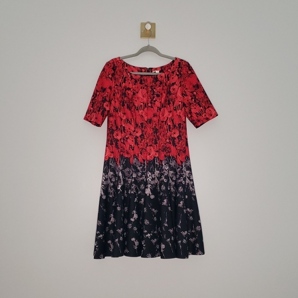 Julian Taylor Midi Dress 16 Red Black Gray Roses A-Line Wedding Guest Church